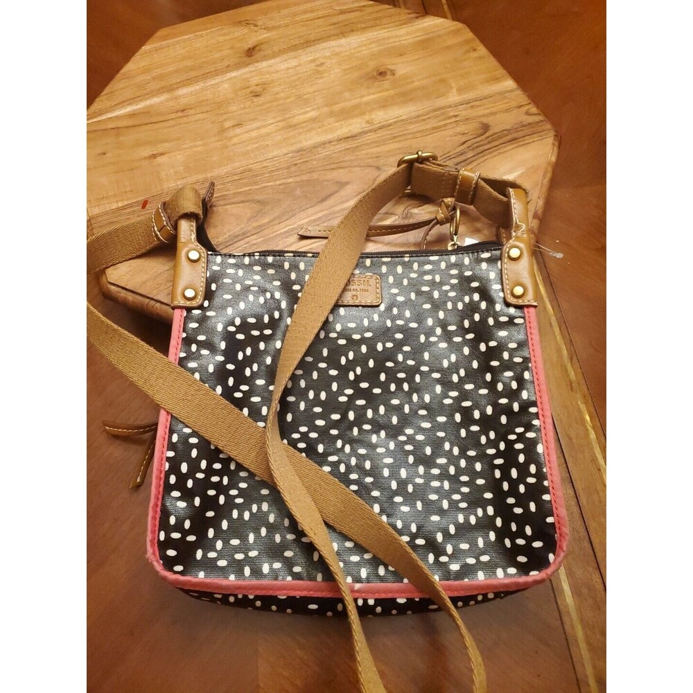 Fossil Keyper Coated Canvas Black & White Polka Dot Crossbody Purse Shoulder Bag